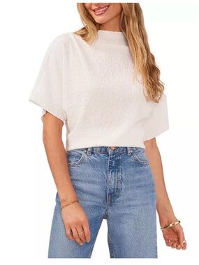 Vince Camuto White Textured Mock Neck Short Sleeve Top